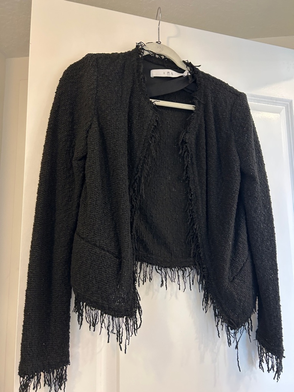 IRO Black Fringed Crochet Open Cardigan